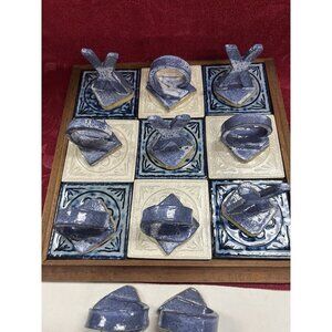 CEREMIC AND WOOD TIC TAC TOE GAME 11 x 11 BLUE AND WHITE